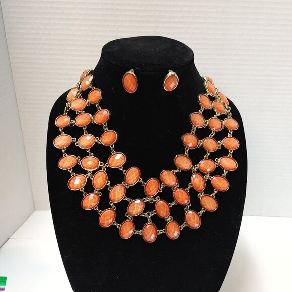 Vintage Jewerly Set Apricot Bib Statement Necklace w/Earrings Bold Oval Acrylic - Picture 3 of 4